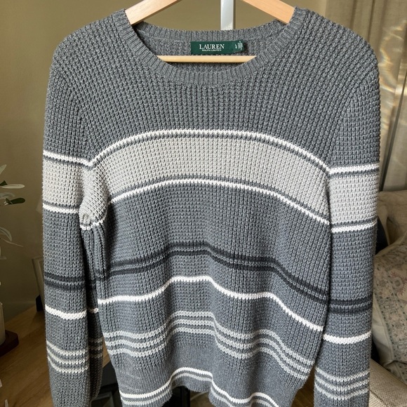 Lauren Ralph Lauren Women’s Gray Striped Cotton Sweater - Size L - Picture 1 of 9